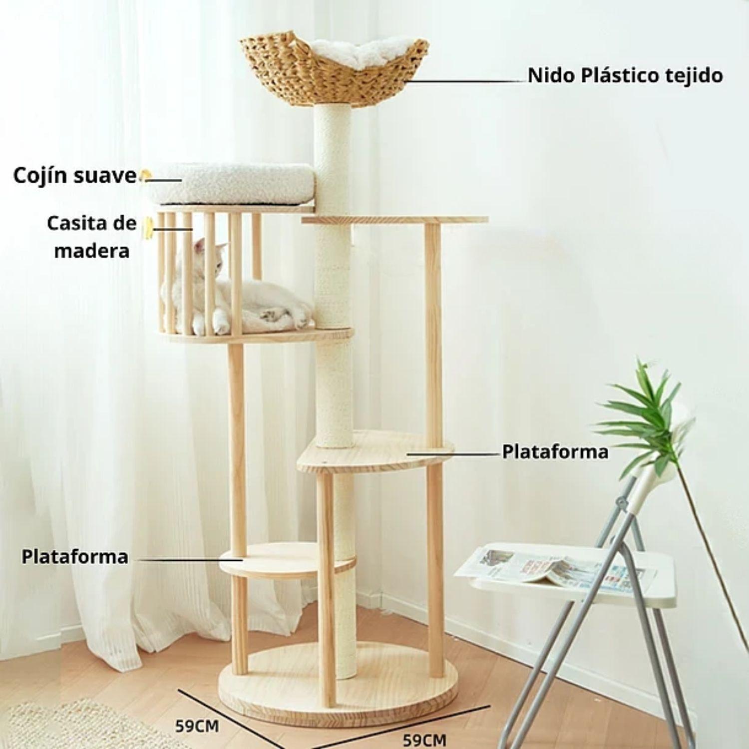 Rascador Para Gatos Tipo Torre Con Casa Elegante Beige-5
