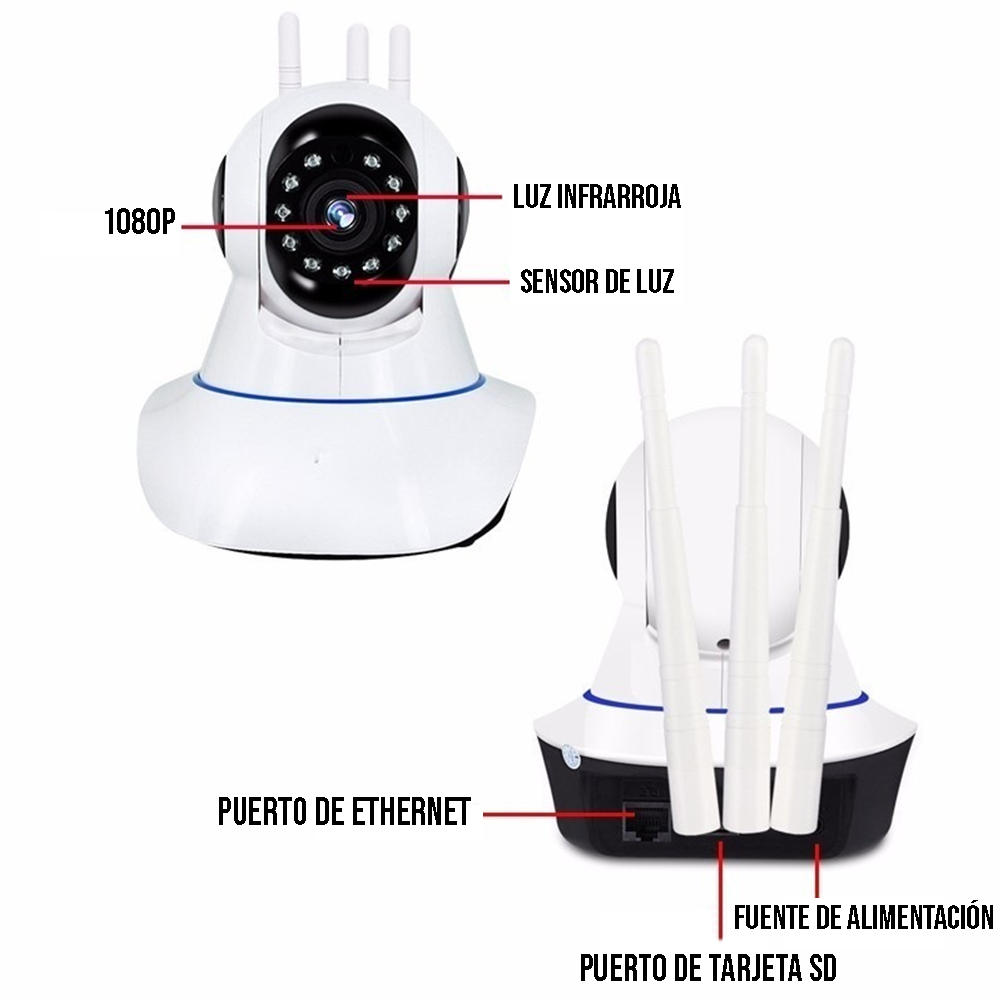 Cámara de seguridad 3 Antenas, 1080P Wifi, Visión Nocturna-1