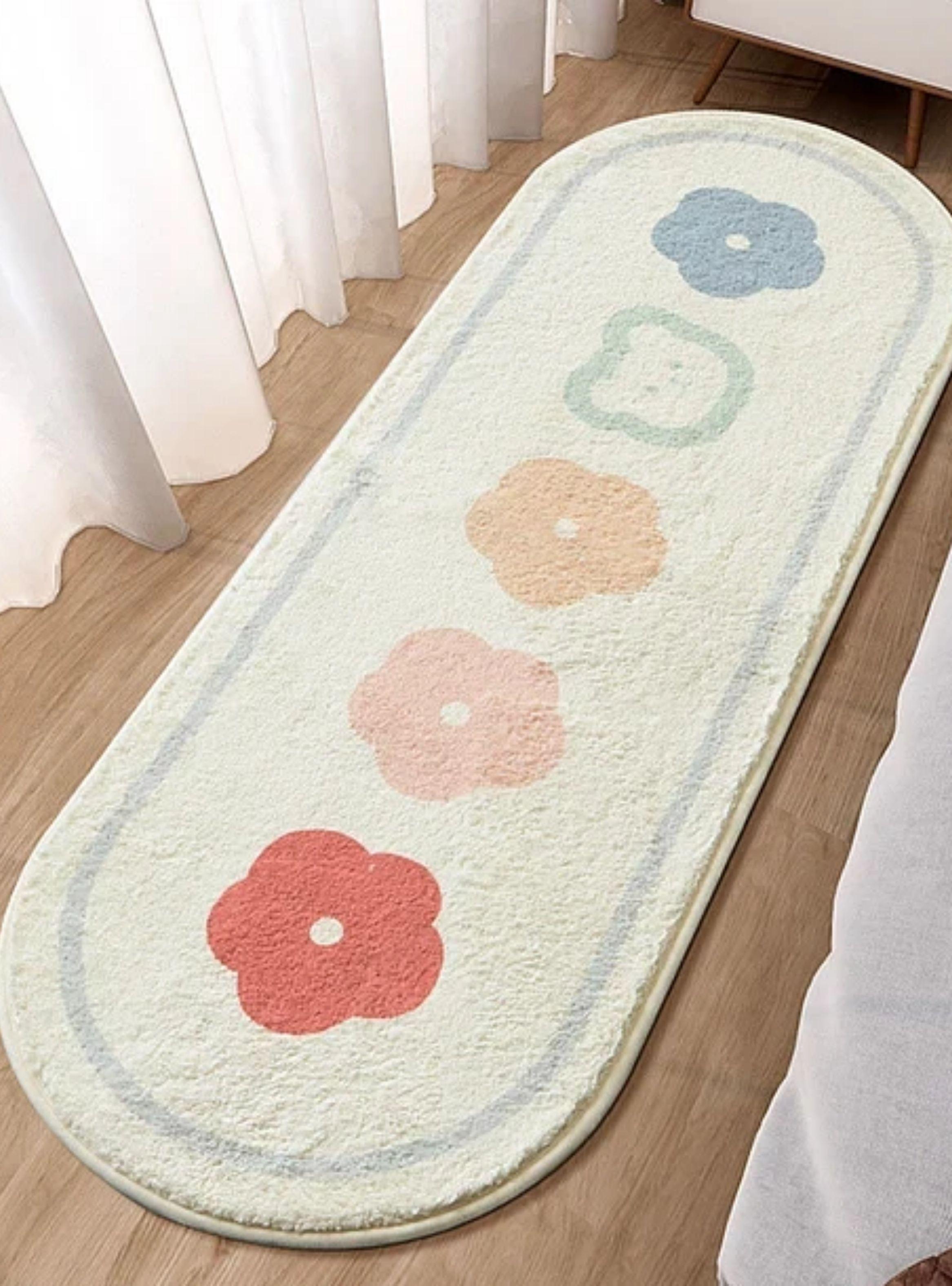 Alfombra Larga Ovalada Peluda Dormitorio Flores 120x40cm-4