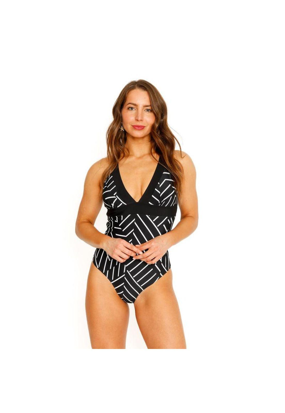 Traje de Baño Entero Escote Estampado para Mujer Negro-8