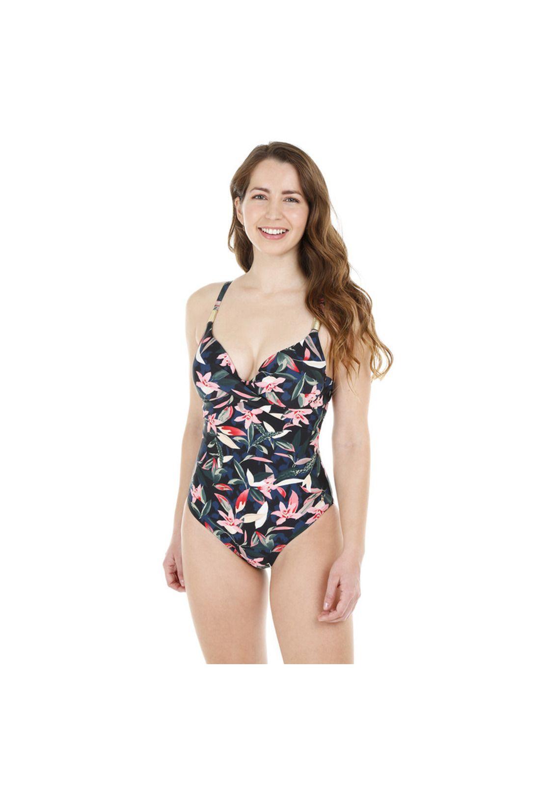 Traje de Baño Entero Mujer H2O Wear Copa Flores Negro Pizarra-0