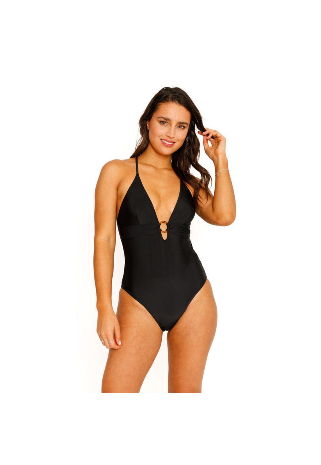 Traje de Baño Entero Triangulo Liso para Mujer Negro-1