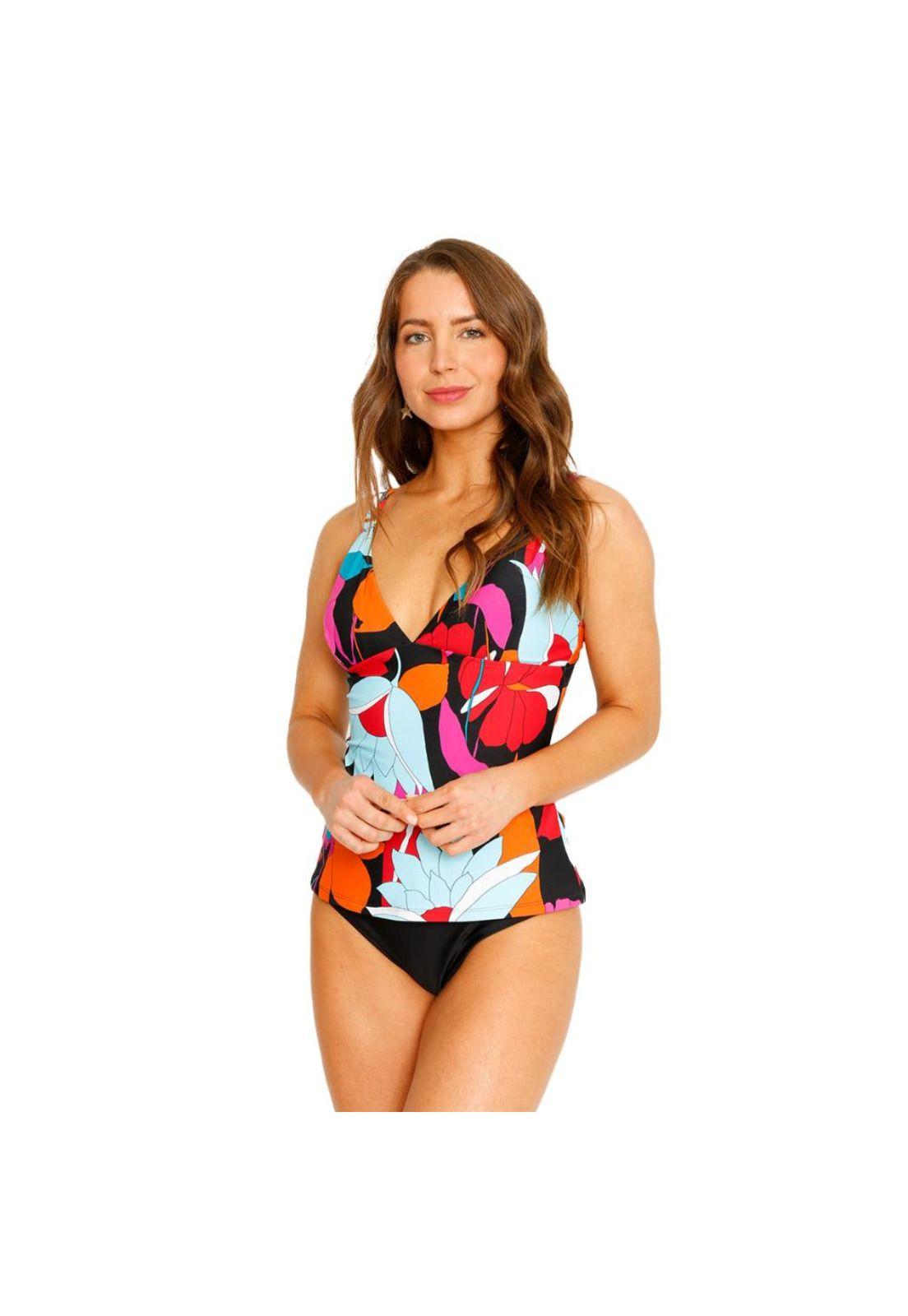 Traje de Baño Tankini Top Halter Flores para Mujer Negro-0