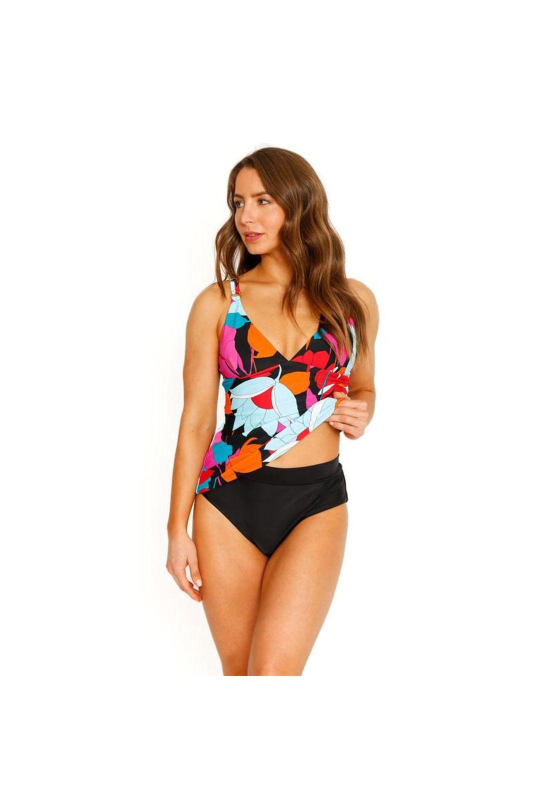 Traje de Baño Tankini Top Halter Flores para Mujer Negro-1