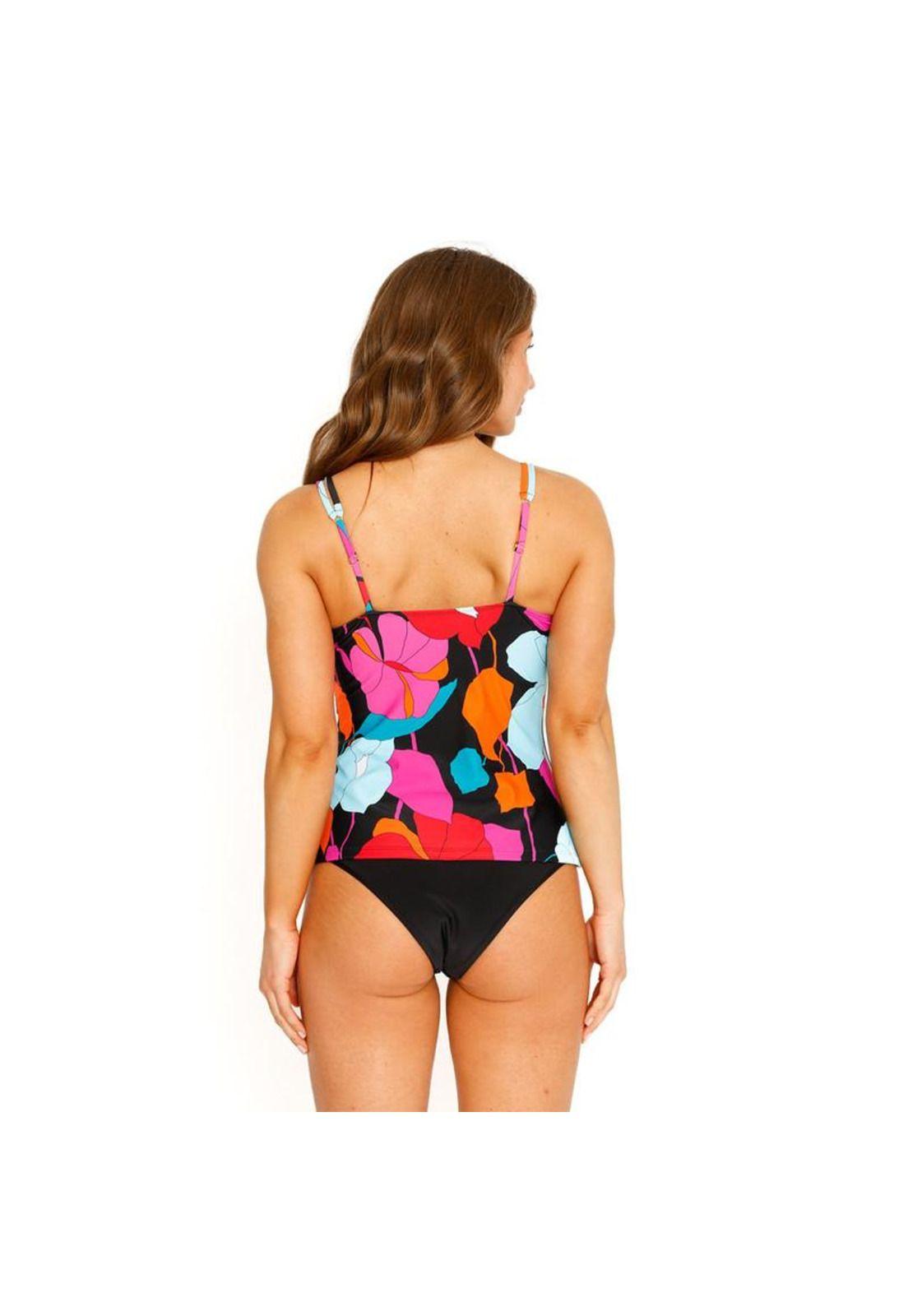 Traje de Baño Tankini Top Halter Flores para Mujer Negro-4