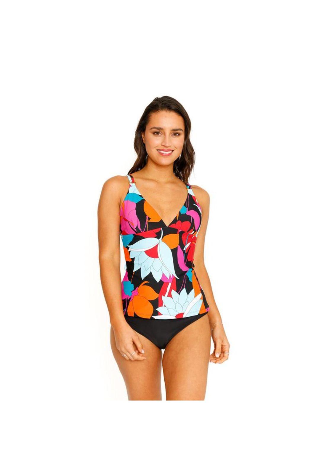 Traje de Baño Tankini Top Halter Flores para Mujer Negro-5