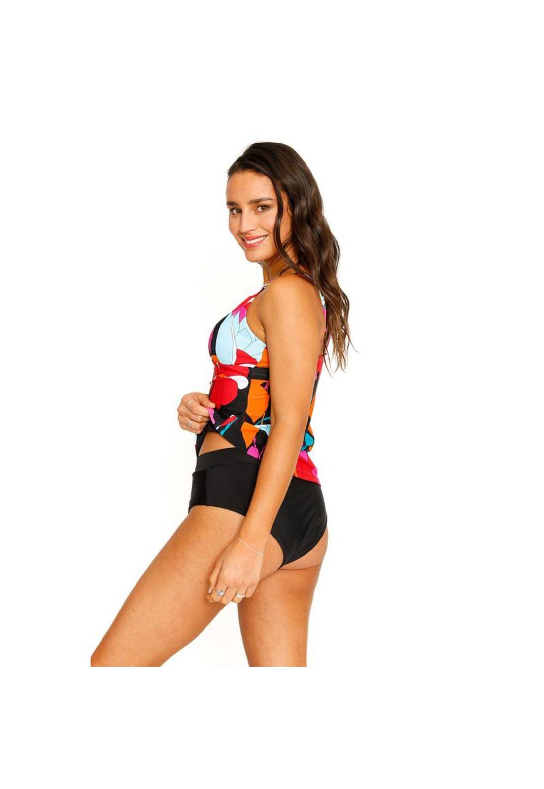 Traje de Baño Tankini Top Halter Flores para Mujer Negro-7