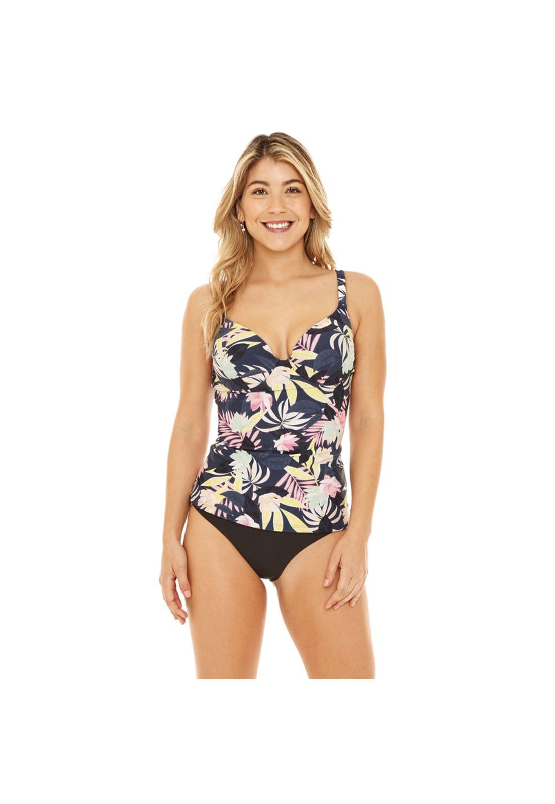 Traje de Baño Tankini Mujer H2O Wear Copa CAlto Flores Negro Pizarra-0