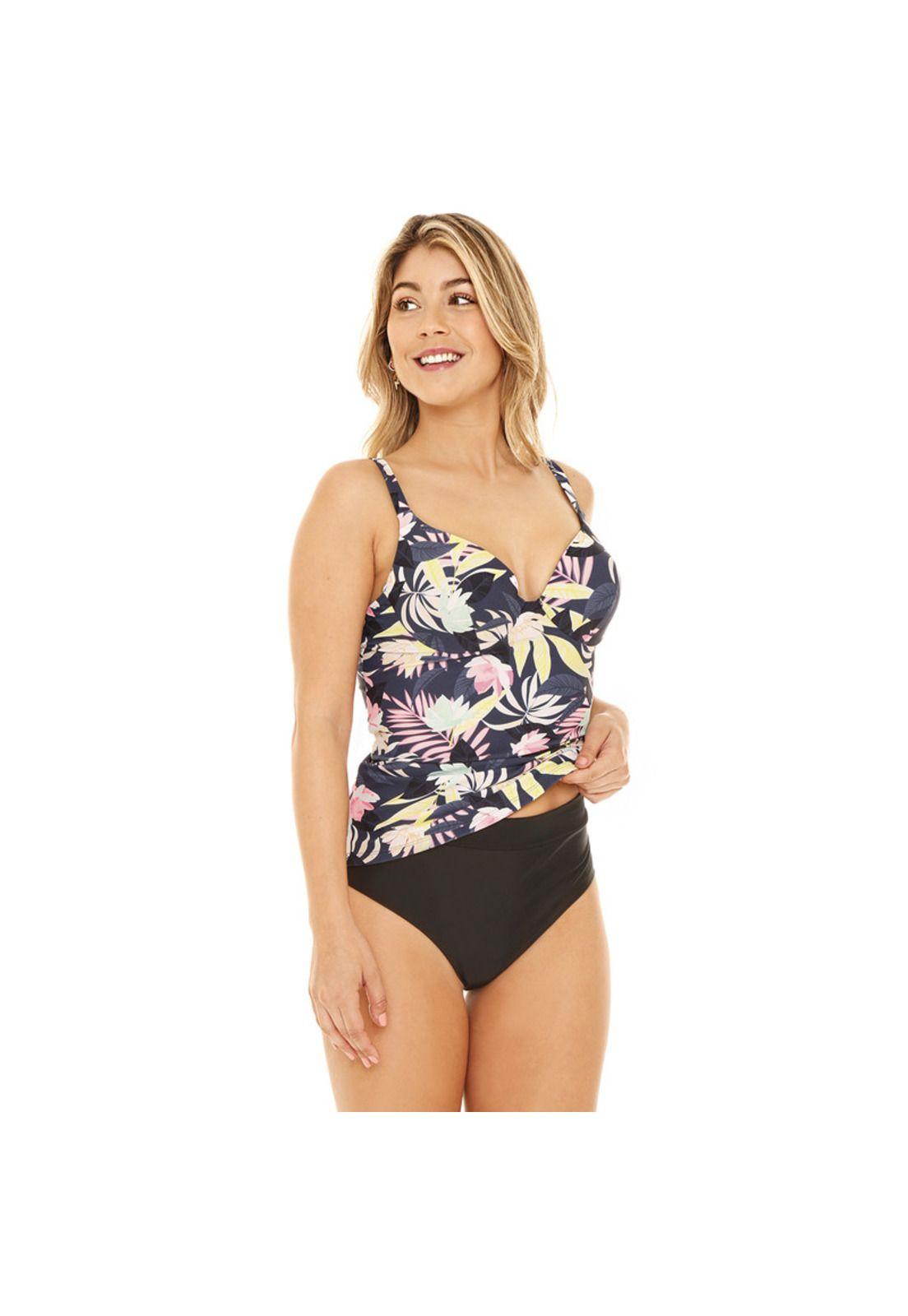 Traje de Baño Tankini Mujer H2O Wear Copa CAlto Flores Negro Pizarra-2