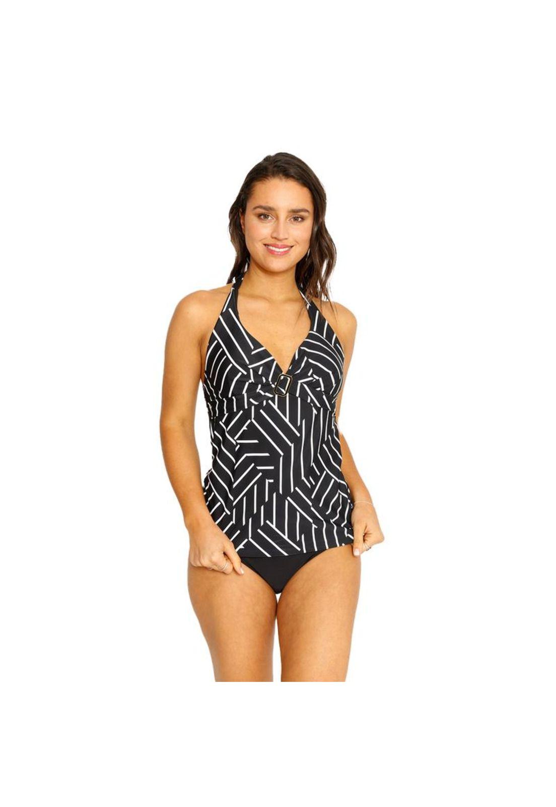 Traje de Baño Tankini Top Halter Estampado para Mujer Negro-0