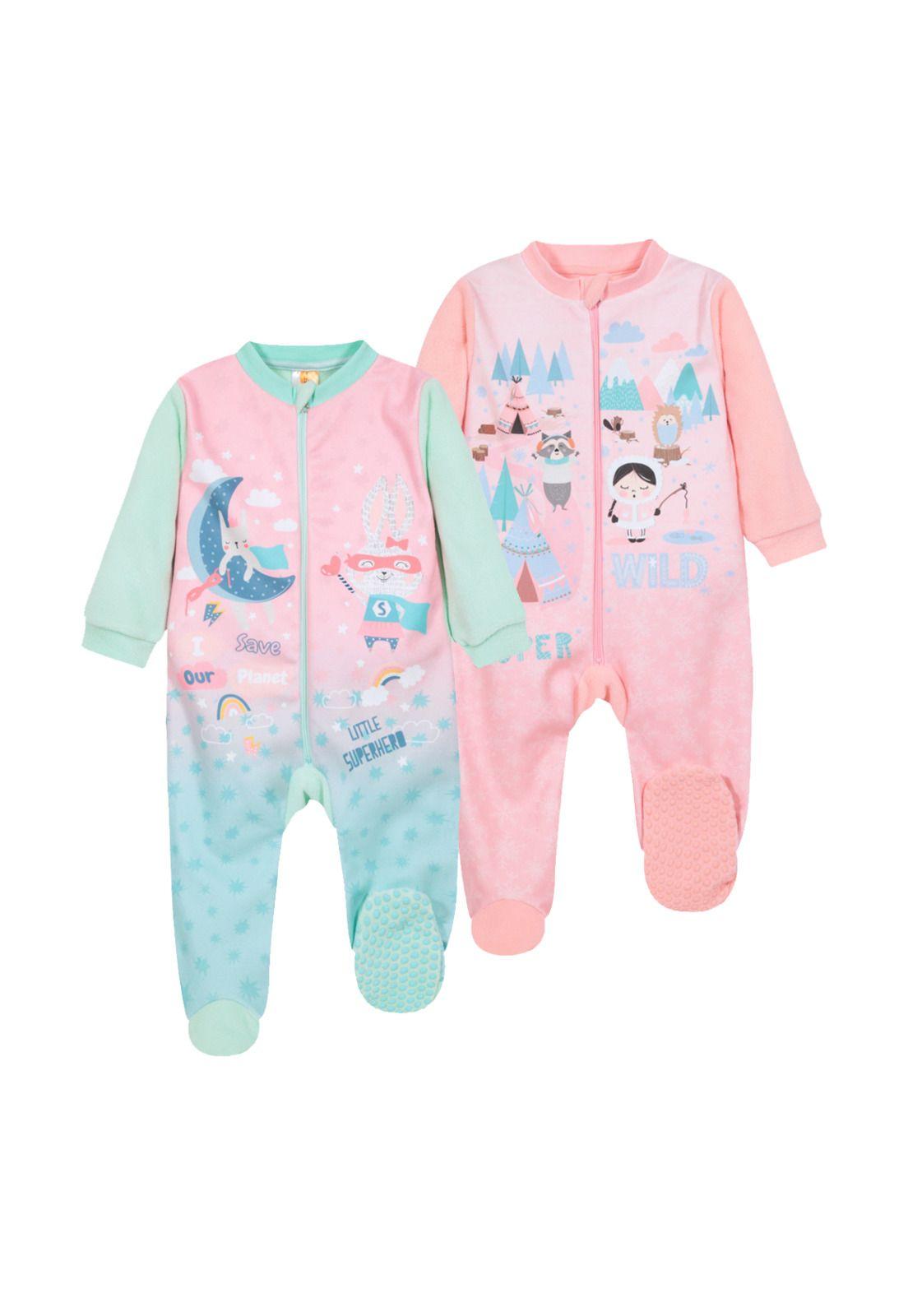 Pack 2 Pijama Bebé Niña Polar Entero Rosa Sustentable H2O-0
