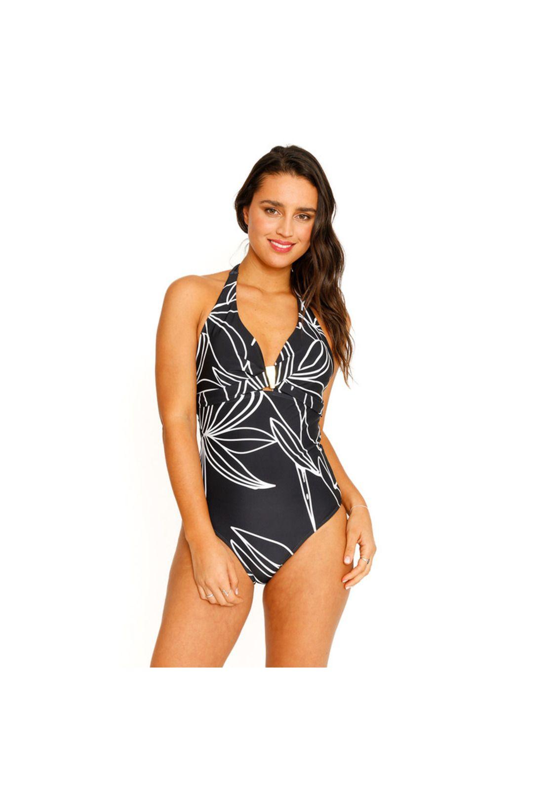 Traje de Baño Entero Halter Estampado para Mujer Negro-1