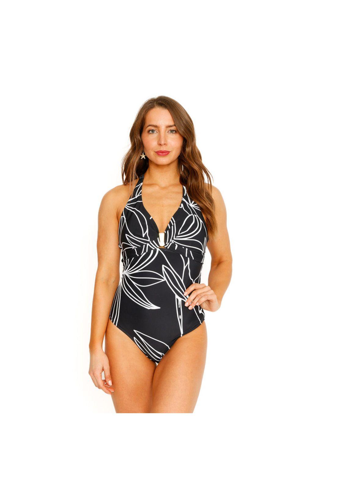 Traje de Baño Entero Halter Estampado para Mujer Negro-2