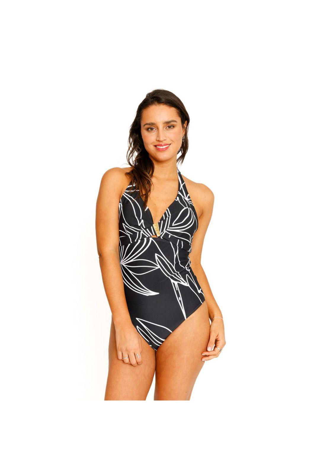 Traje de Baño Entero Halter Estampado para Mujer Negro-8