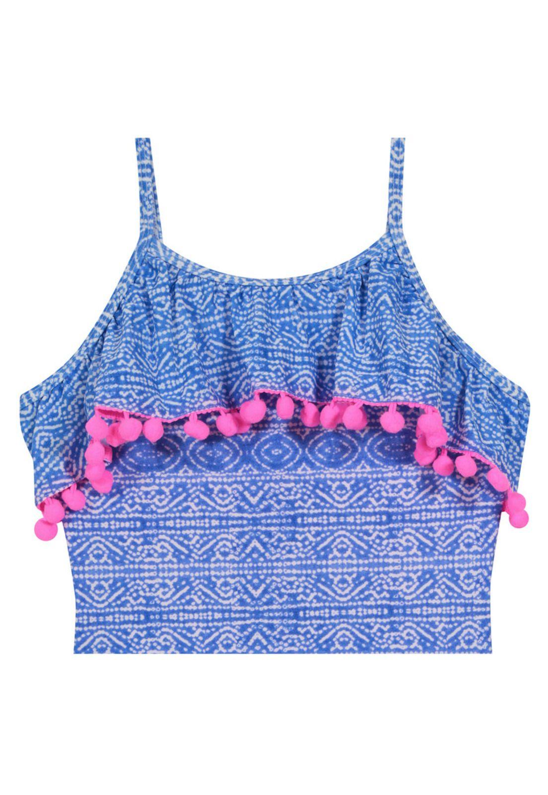 Niña Traje de Baño Estampado y Pompon UV+30 Azul-2