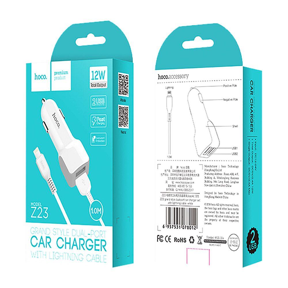Cargador para Auto Hoco Z23 con cable Lightning Blanco-9