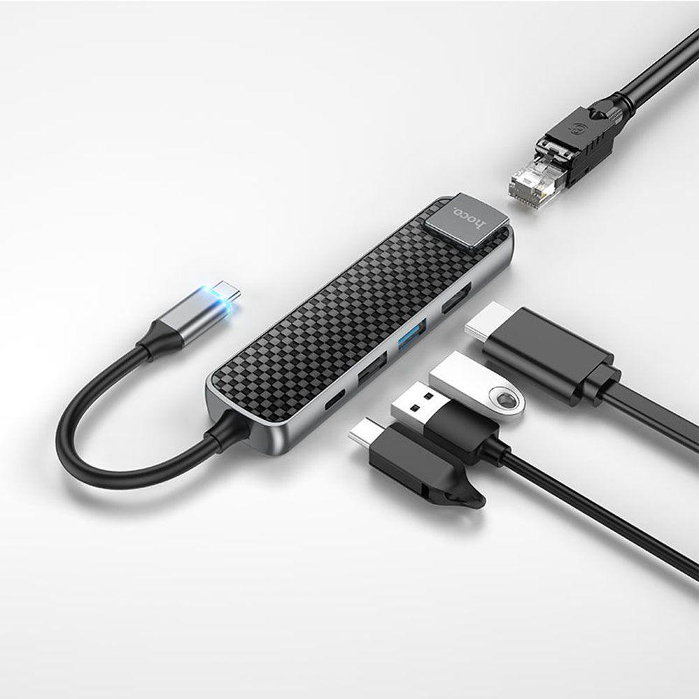 Adaptador Hoco HB23 Tipo C a HDTV USB3.0 USB2.0 RJ45 PD gris-2