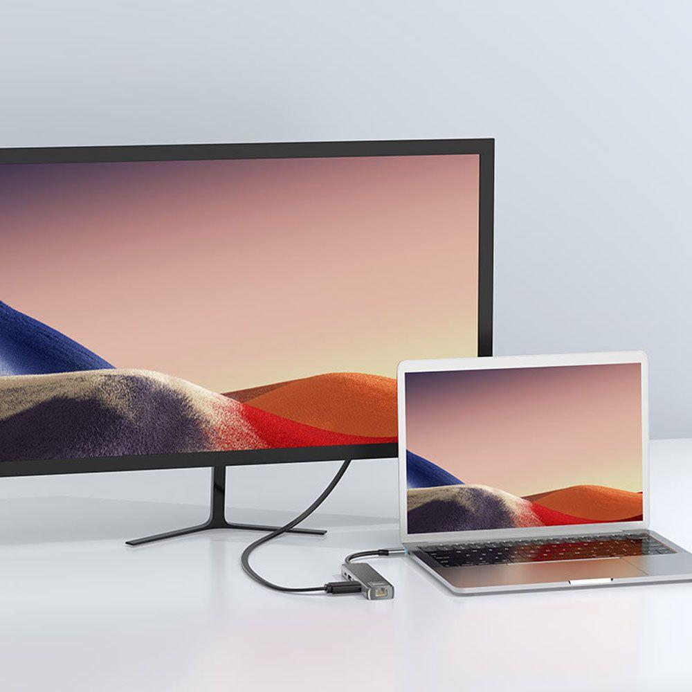 Adaptador Hoco HB23 Tipo C a HDTV USB3.0 USB2.0 RJ45 PD gris-4