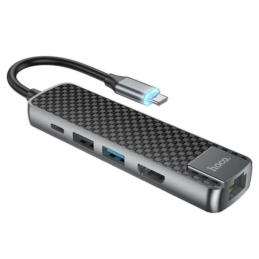 Adaptador Hoco HB23 Tipo C a HDTV USB3.0 USB2.0 RJ45 PD gris-7