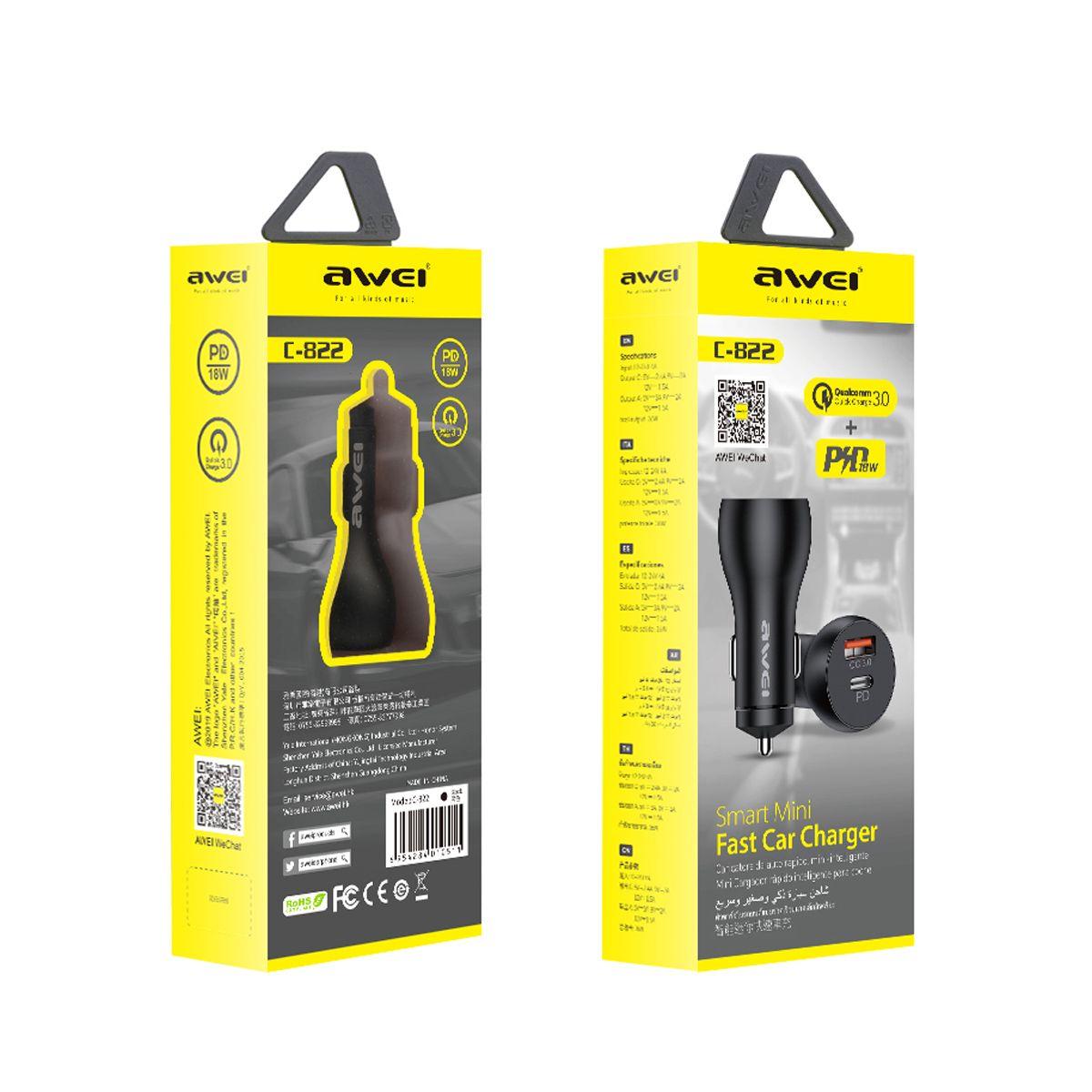 Cargador para autos Awei C-822 Tipo A + C Negro-7
