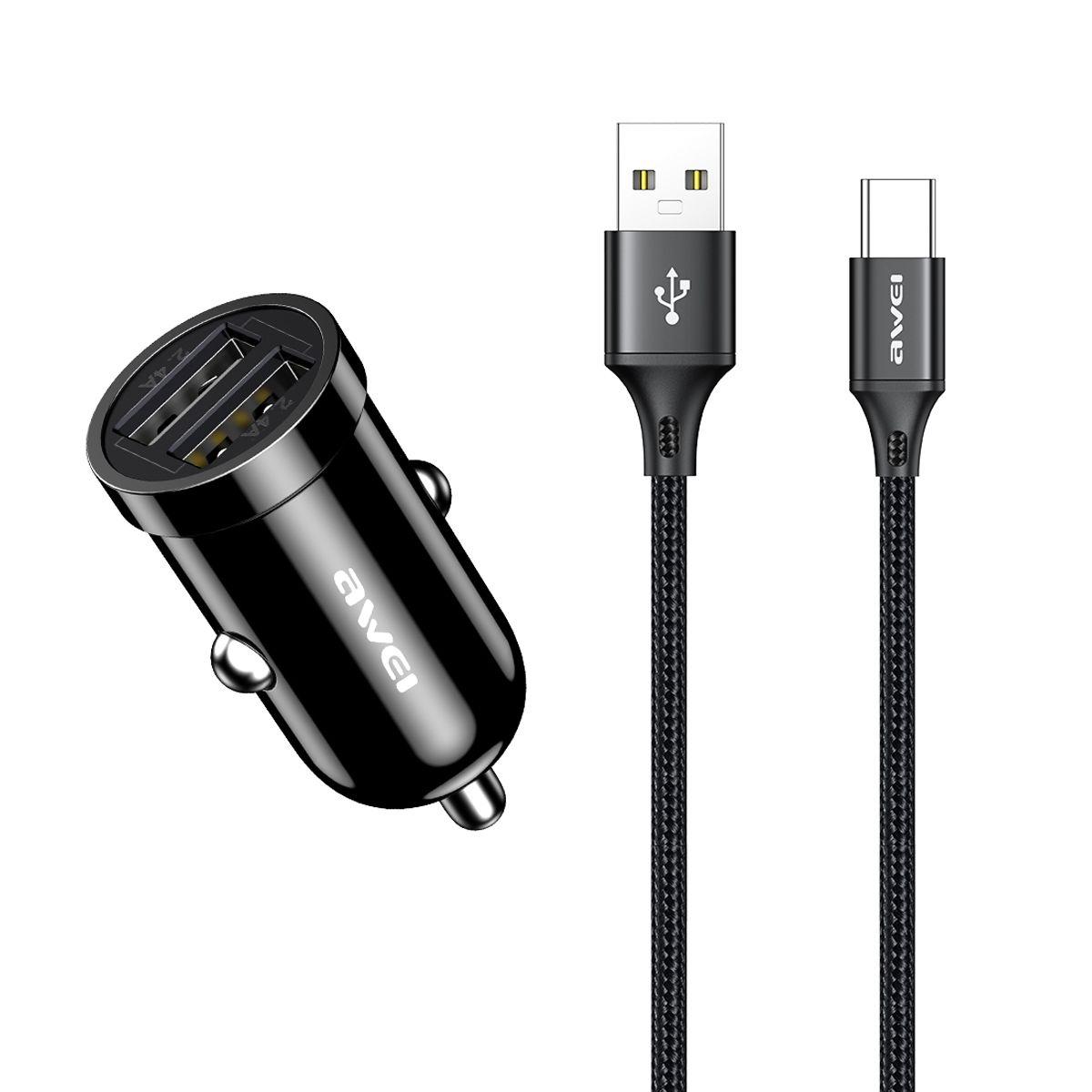 Cargador de Auto Awei C-826T con Cable Tipo C Negro-0