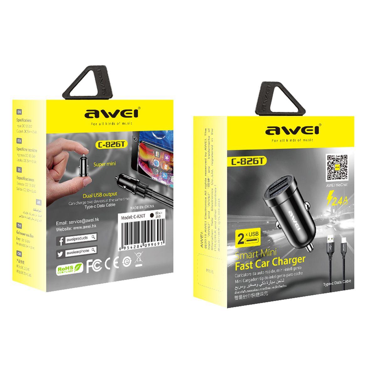 Cargador de Auto Awei C-826T con Cable Tipo C Negro-3