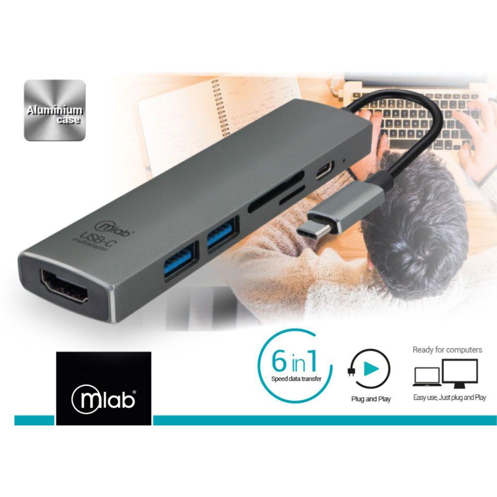 Adaptador MLab 8863 6 en 1 Tipo C a HDMI USB 3.0x2 SD TF PD-1