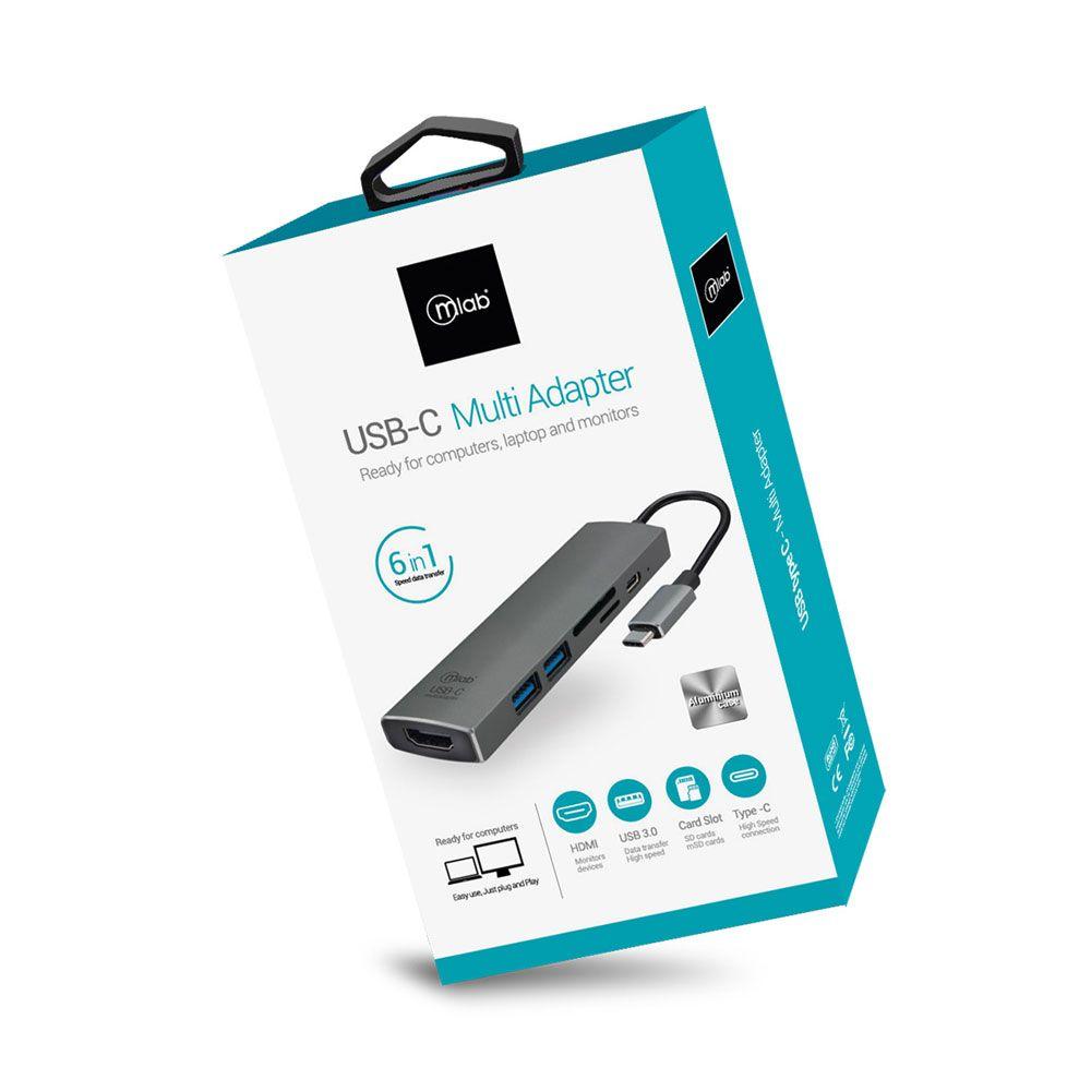 Adaptador MLab 8863 6 en 1 Tipo C a HDMI USB 3.0x2 SD TF PD-2