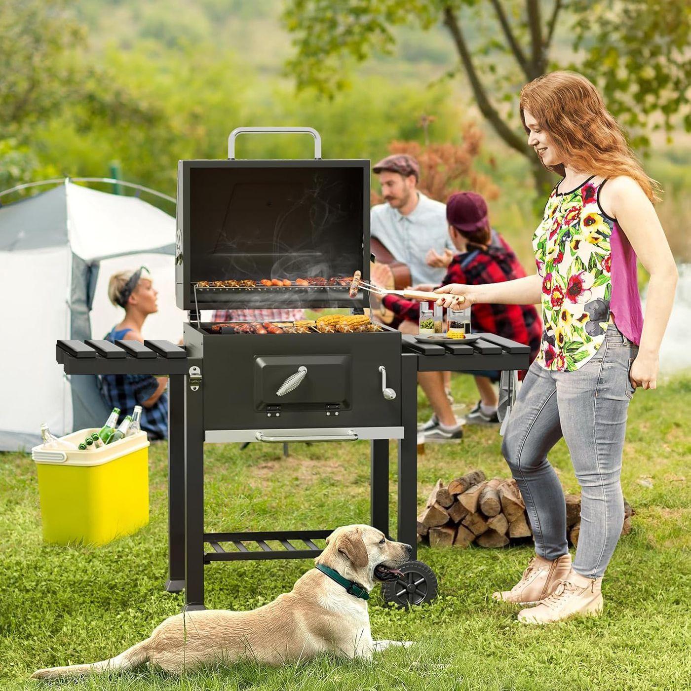 Parrilla a Carbon con Ruedas y 2 Bandejas laterales 135x47 5x106cm-5