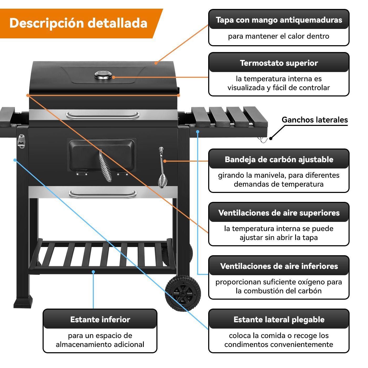 Parrilla a Carbon con Ruedas y 2 Bandejas laterales 135x47 5x106cm-9