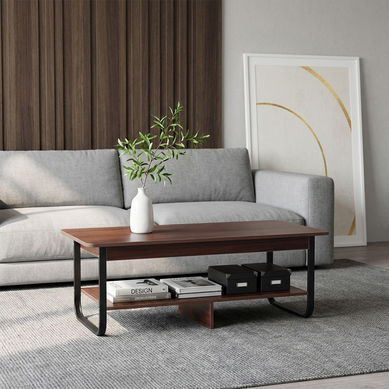 Mesa De Centro Rectangular Estilo Rustico de 2 Niveles-5