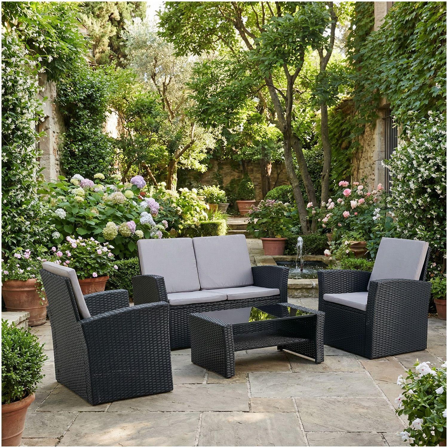 Juego de Living de Terraza 4 Personas de Ratan Sintetico Negro-2