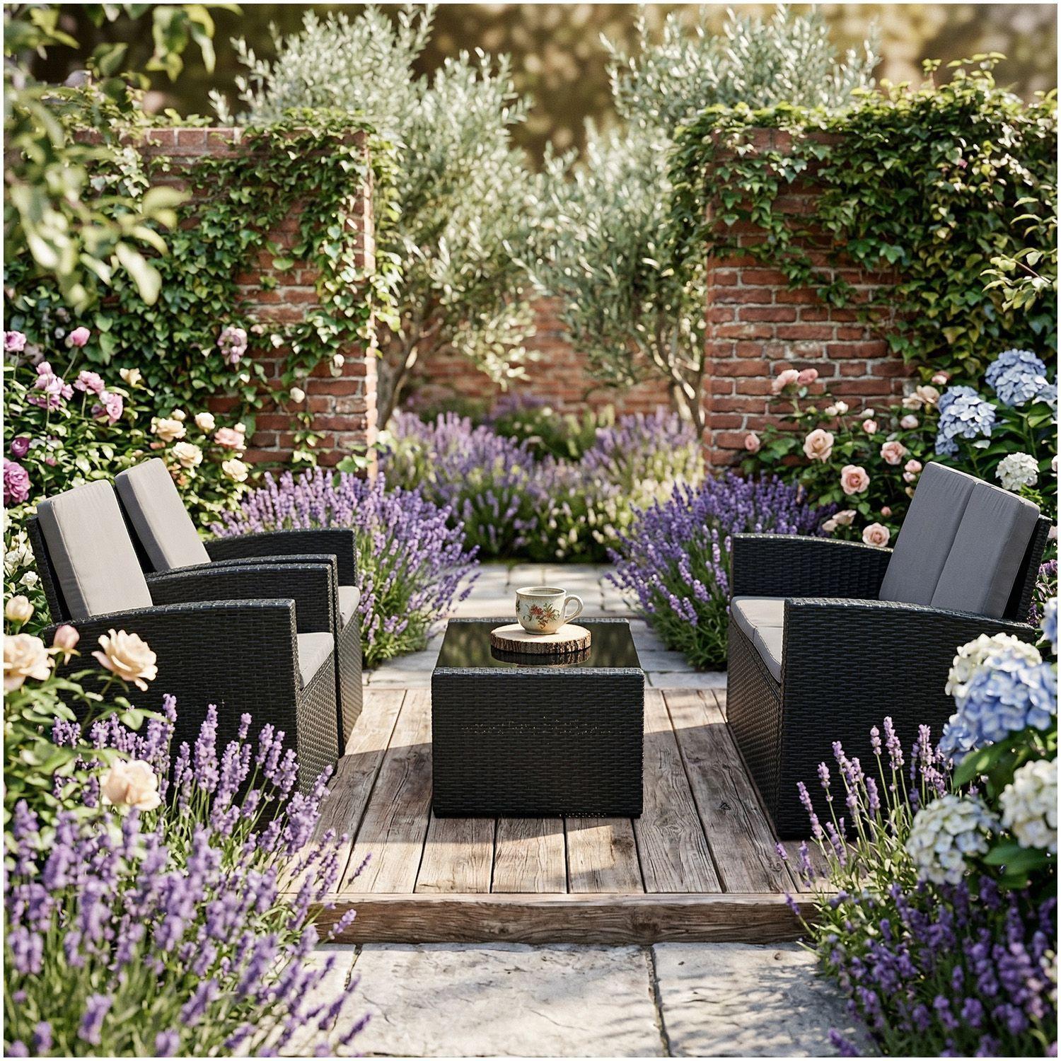 Juego de Living de Terraza 4 Personas de Ratan Sintetico Negro-3