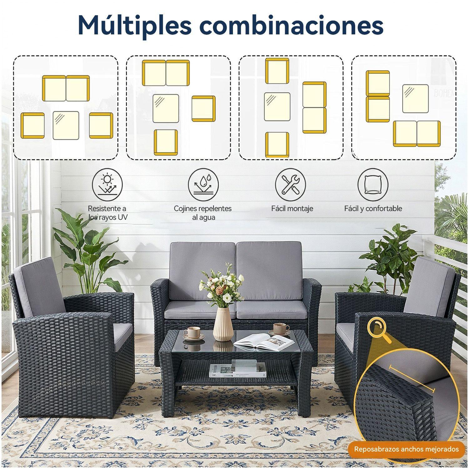 Juego de Living de Terraza 4 Personas de Ratan Sintetico Negro-7