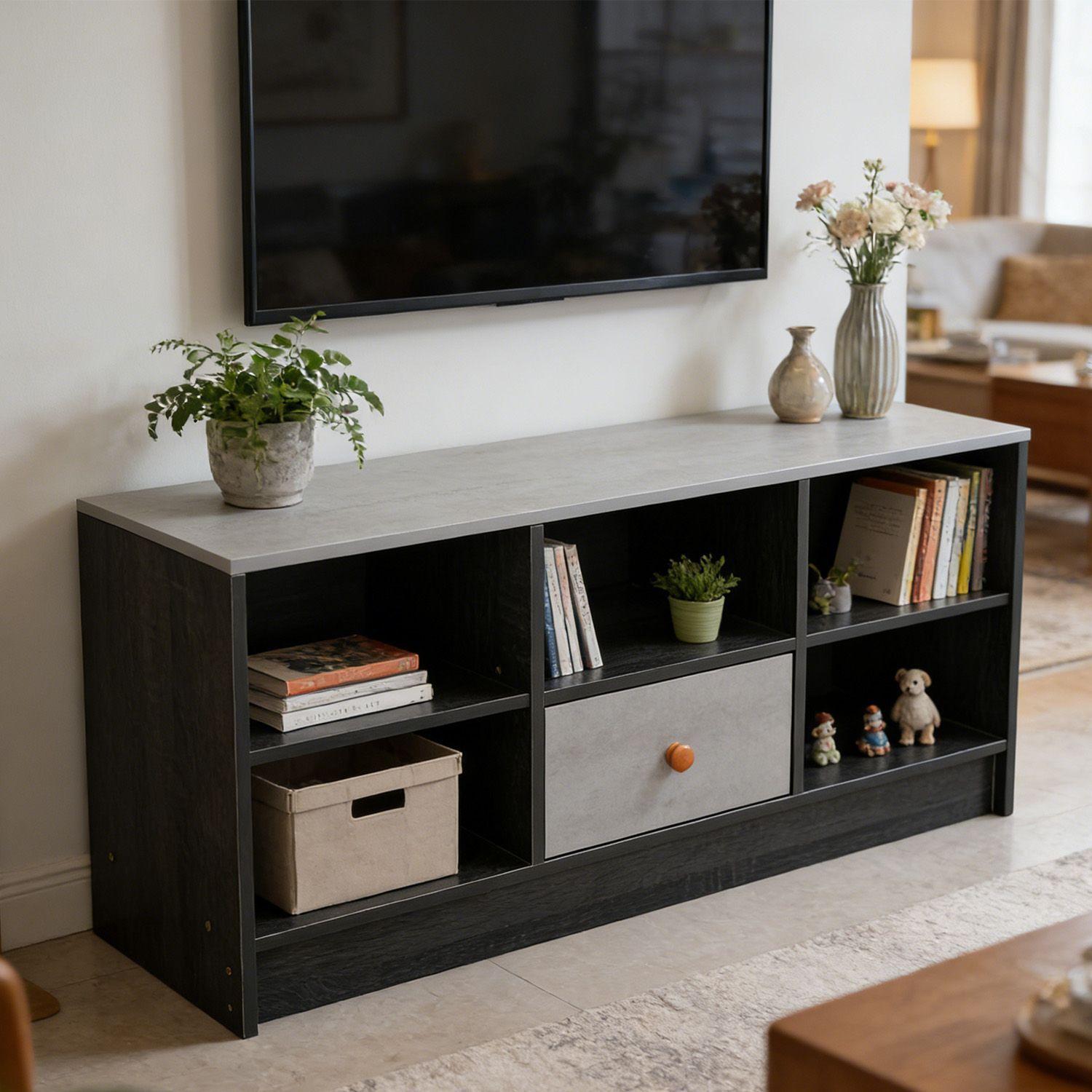 Rack TV Para TV Pequeno Hasta 43 90x30x40 Cm Con 1 Cajon Negro Gris-2