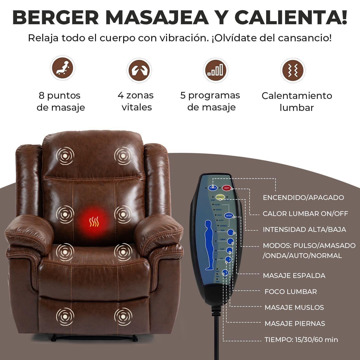 Berger Reclinable Freddo de Cuero PU con Masaje y Calefaccion Marron-2