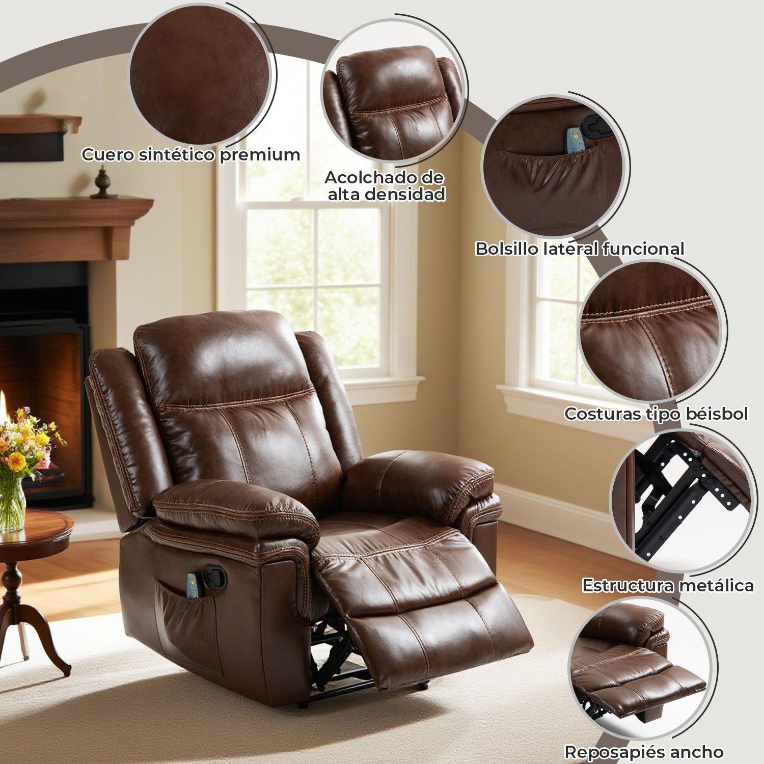 Berger Reclinable Freddo de Cuero PU con Masaje y Calefaccion Marron-4