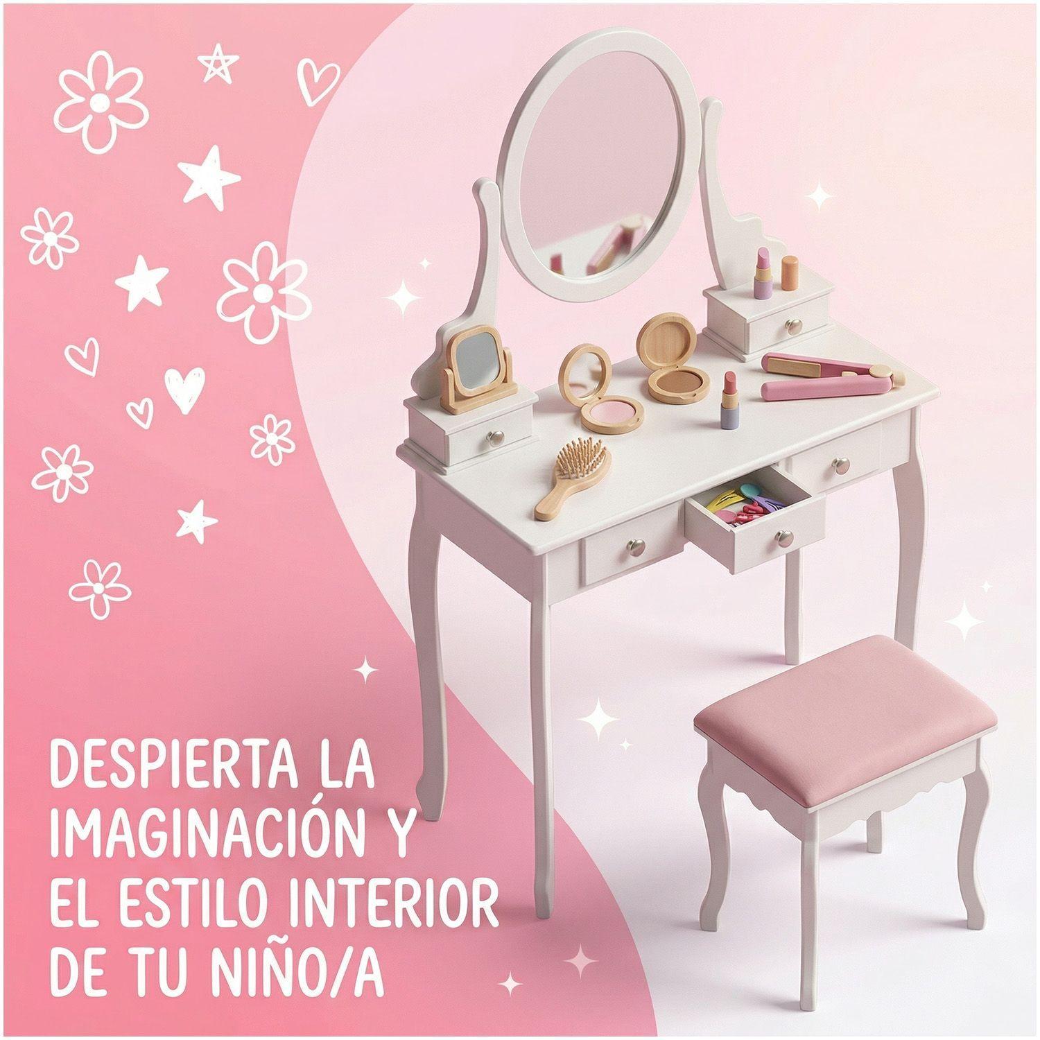 Tocador con Espejo Giratorio Nina 5 Cajones y Banqueta Moderno Blanco-3