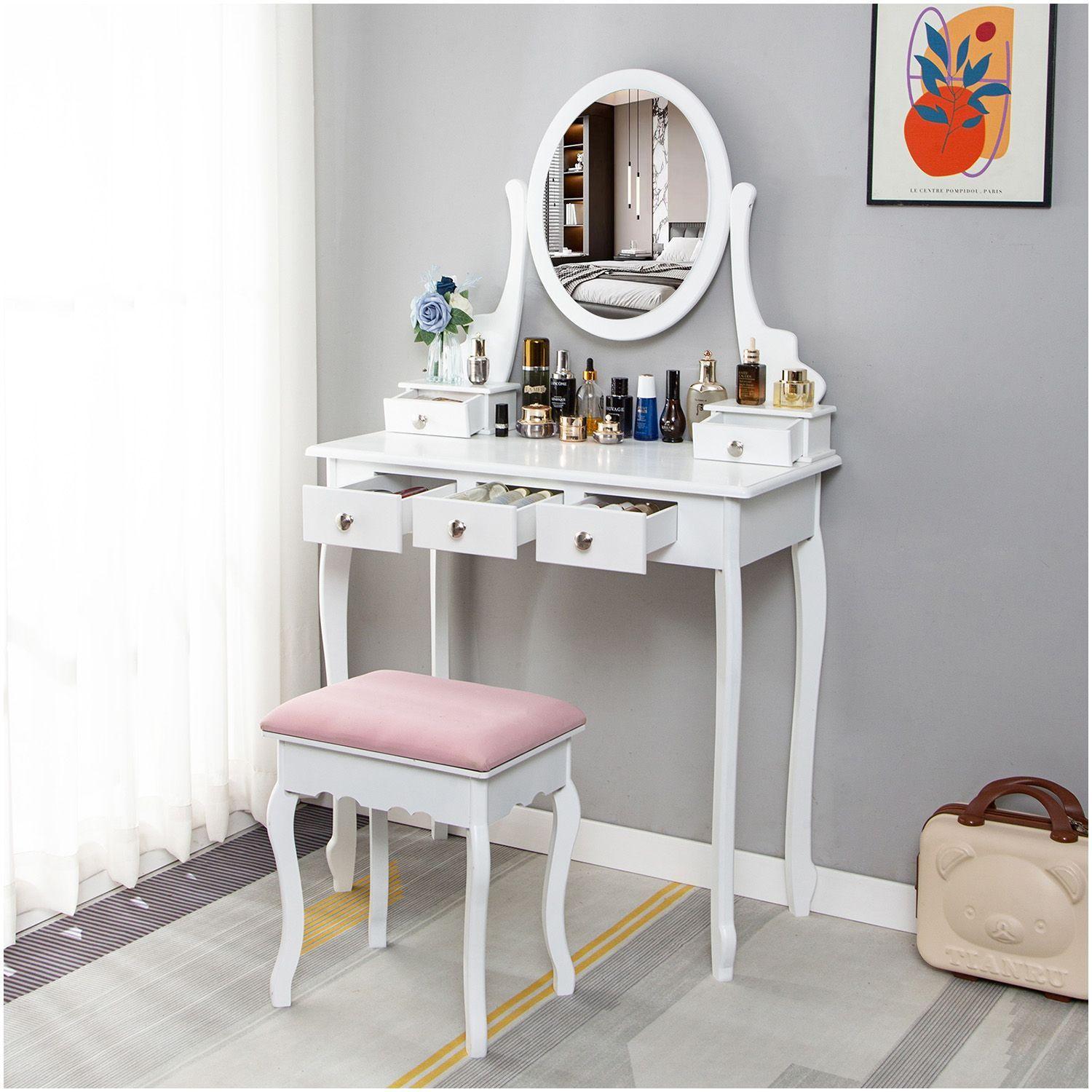 Tocador con Espejo Giratorio Nina 5 Cajones y Banqueta Moderno Blanco-4