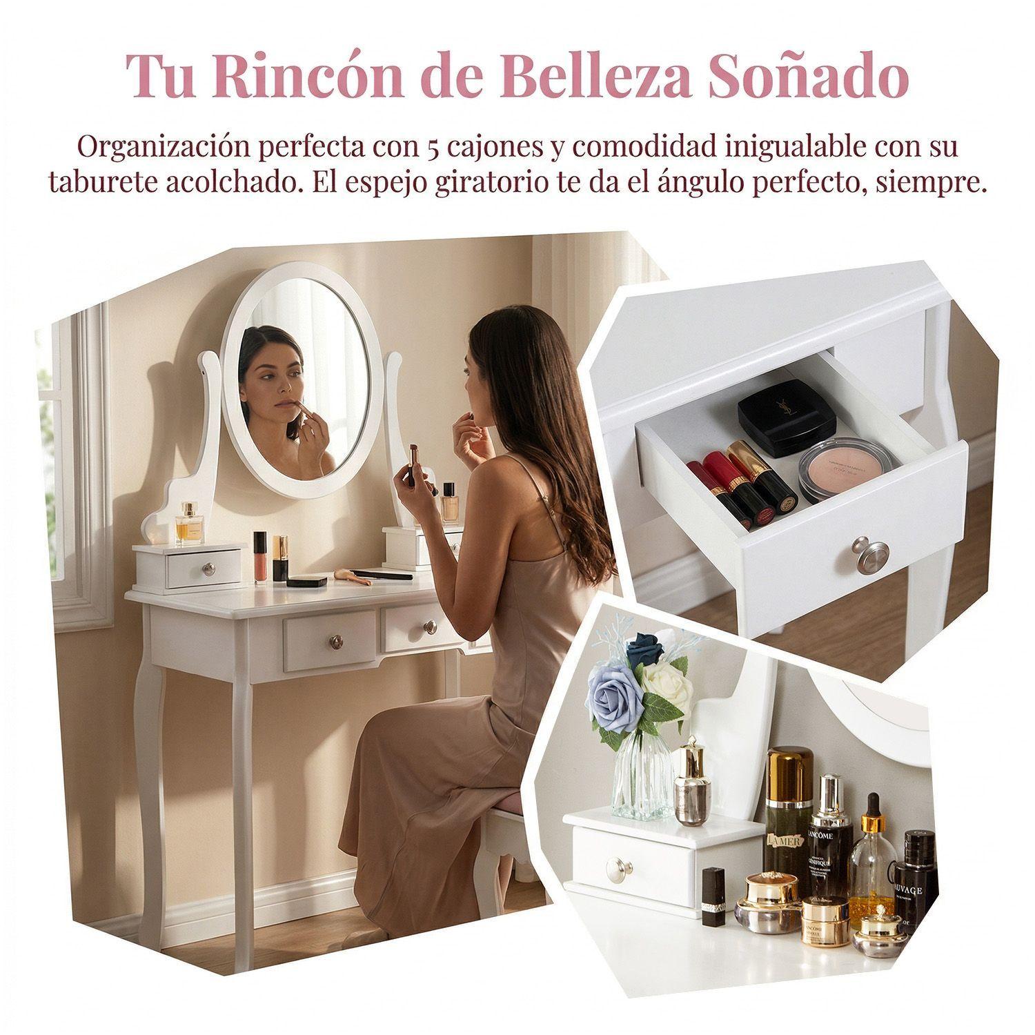 Tocador con Espejo Giratorio Nina 5 Cajones y Banqueta Moderno Blanco-6