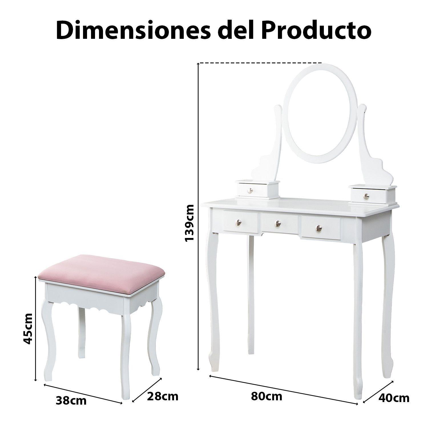 Tocador con Espejo Giratorio Nina 5 Cajones y Banqueta Moderno Blanco-8