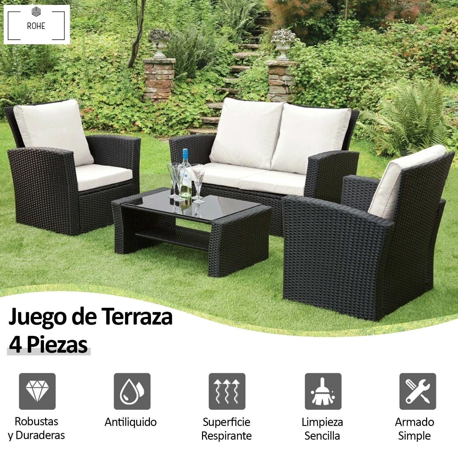 Juego de Terraza 4 Piezas de Ratan PE Negro con Cojines-3