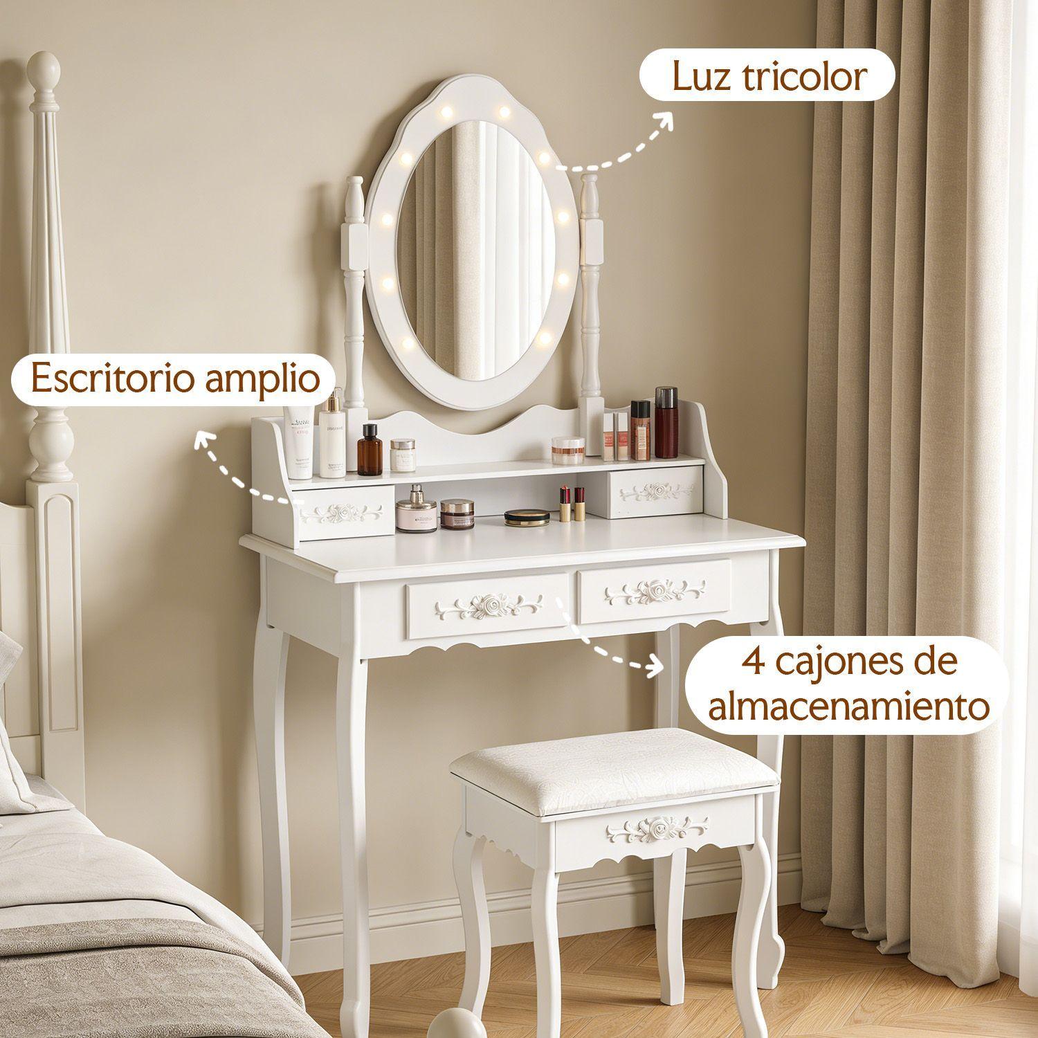 Tocador Con Espejo LED Giratorio 4 Cajones Y Banqueta Blanco-2