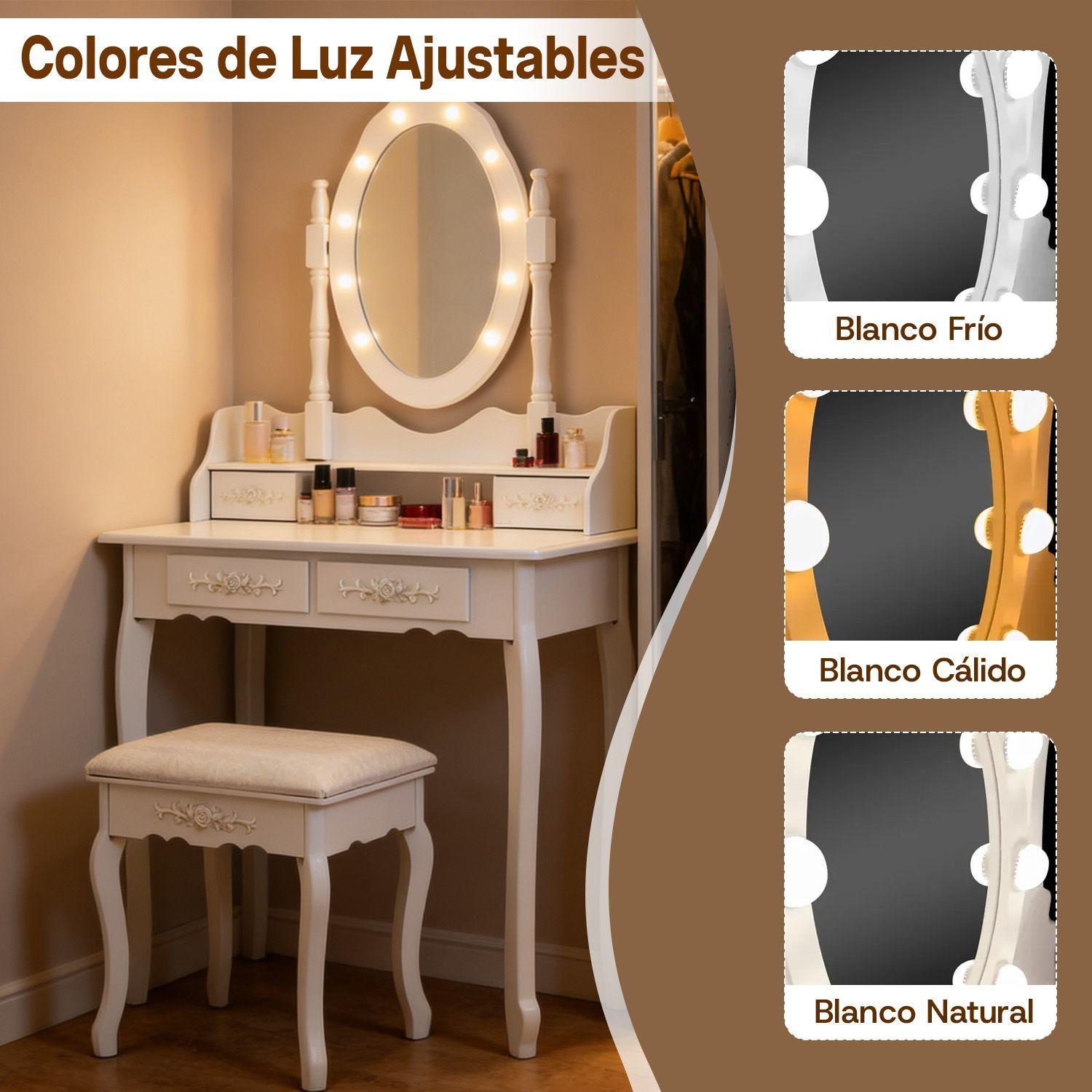 Tocador Con Espejo LED Giratorio 4 Cajones Y Banqueta Blanco-3