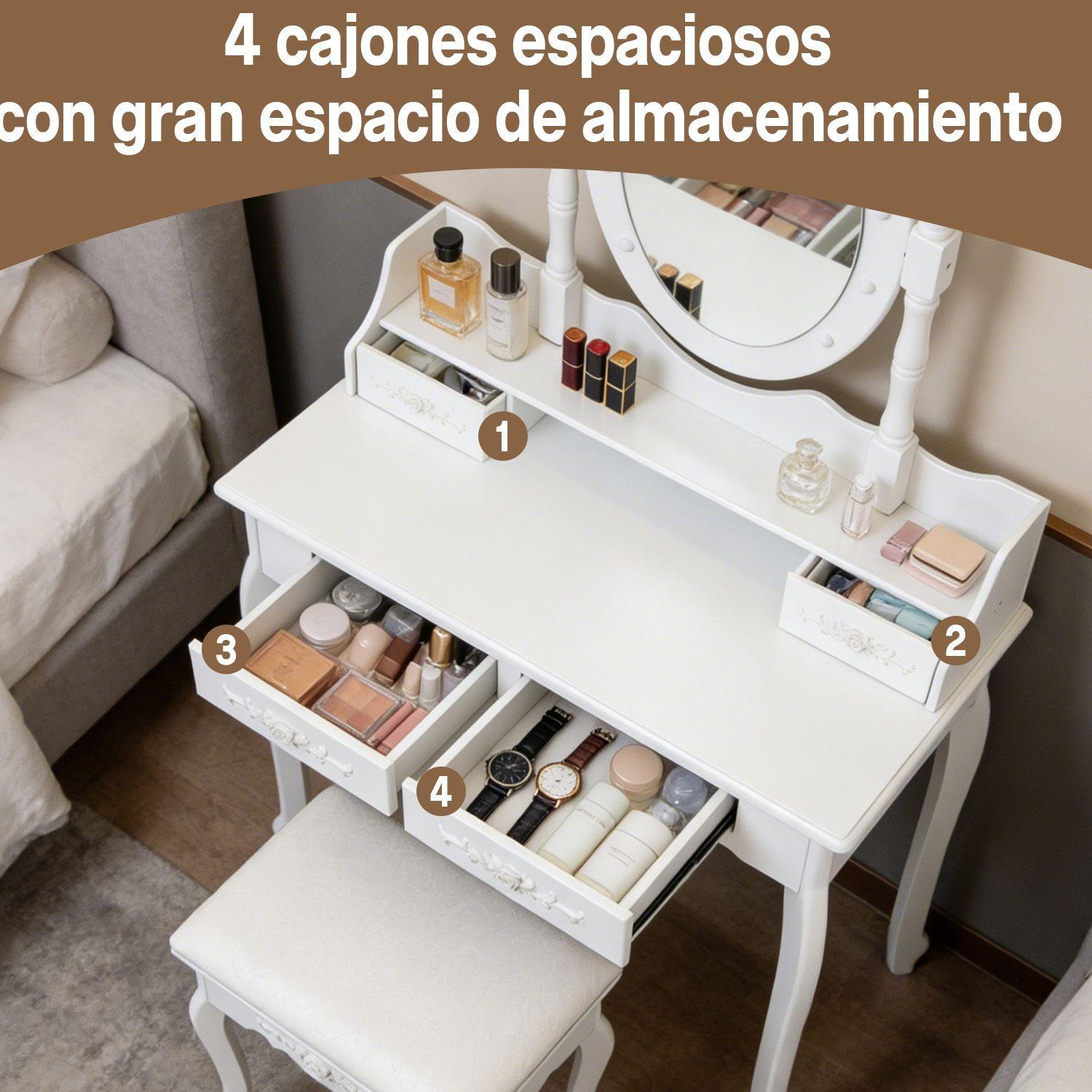 Tocador Con Espejo LED Giratorio 4 Cajones Y Banqueta Blanco-4