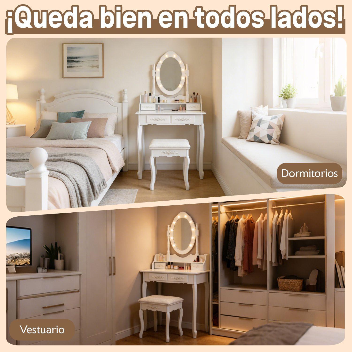 Tocador Con Espejo LED Giratorio 4 Cajones Y Banqueta Blanco-6