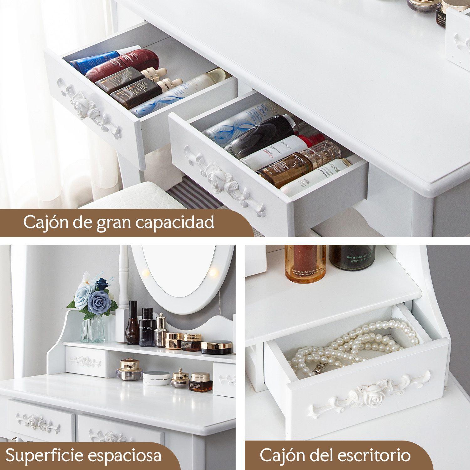 Tocador Con Espejo LED Giratorio 4 Cajones Y Banqueta Blanco-7