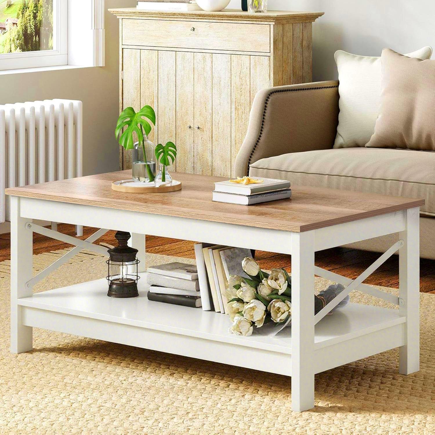 Mesa De Centro Rectangular Estilo Rustico de 2 Niveles-3