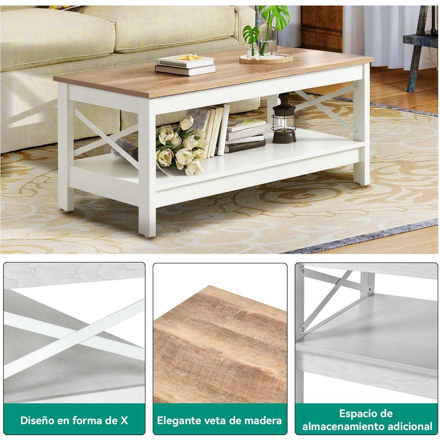 Mesa De Centro Rectangular Estilo Rustico de 2 Niveles-4