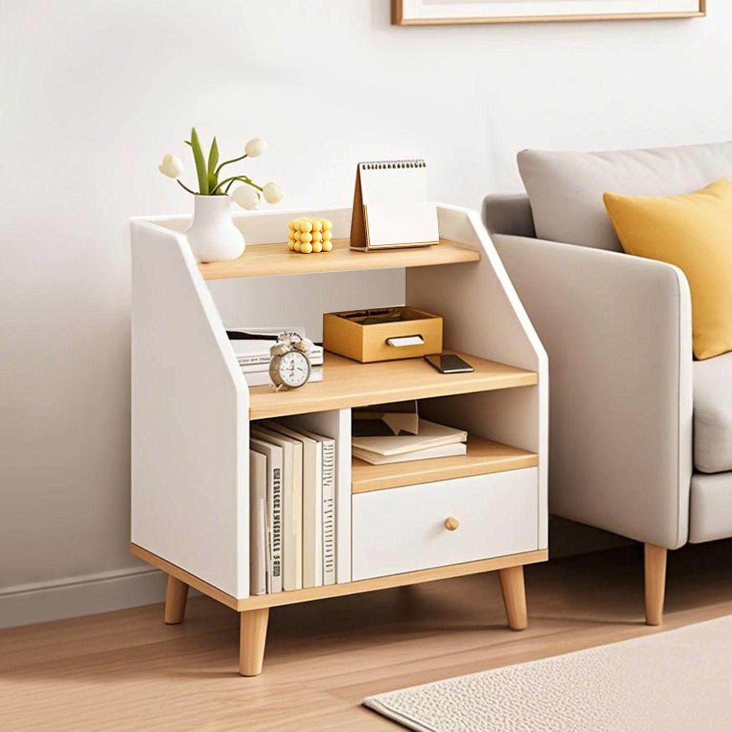 Velador 2 Niveles Con Cajones Color Blanco oak 40x30x53 Cm-2